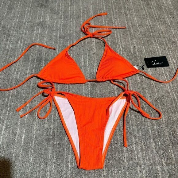 Zuvebamyo Bright Orange Ribbed Triangle String Tie Bikini Small NWT - Picture 1 of 5